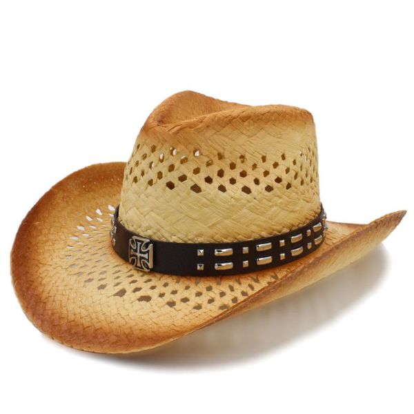 

cloches cowboy hat for women men straw western with punk leather band beach sun sombrero cowgirl jazz size 58cm