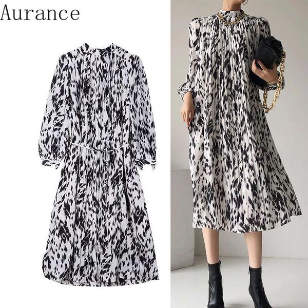 

casual dresses [aurance] women stand collar retro pleated puff sleeves vintage dress lace-up printed slim maxi spring 2021, Black;gray