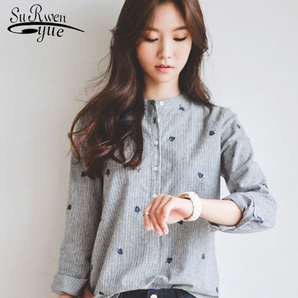 

new 2021 fashion grey striped women blouse shirt long sleeve leaf embroidery women's clothing office lady's blusas 335f 30 210317, White
