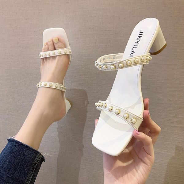 

slippers high heel women pearl fashion square toe heels sandals summer shoes thick white blue 2021, Black