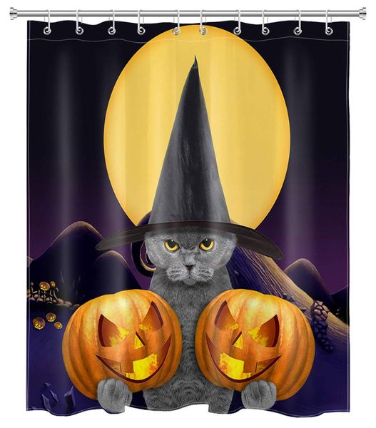 

halloween pu pkin hower curtain decor, horror graveyard oon cute cat with agic witch hat cary pu pkin hower curtainpolyeter