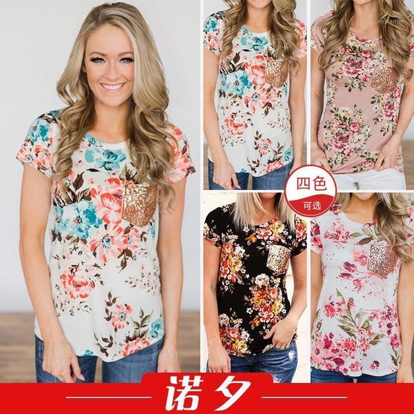 

european and american print round neck short sleeve t-shirt in spring summer of women's 1279 shirts for womenfashion, White