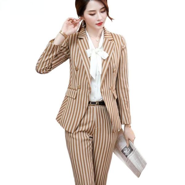 

women's two piece pants women yellow striped pant suits slim blazer jacket & ankle-length female set 2 pieces 2021 autumn winter, White