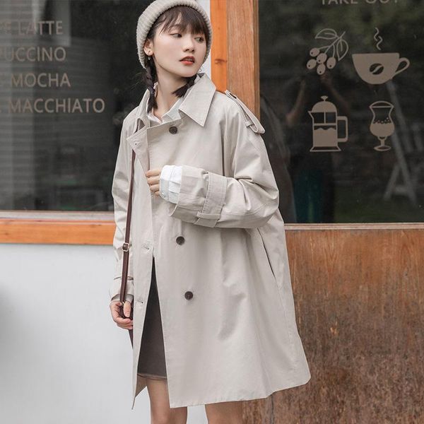 

women's trench coats 100% cotton japanese style kawaii girls mid-length with sashes double breasted winter warm jacket women outerwear, Tan;black