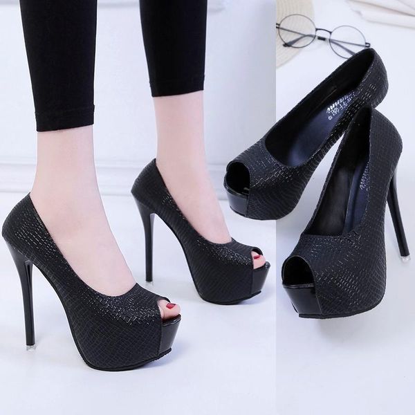 

dress shoes super high heels slip on women pumps platform lady peep toe square heel wedding bridal, Black