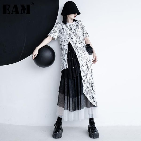 

women's t-shirt [eam] women black pattern printed irregular long round neck short sleeve fashion tide spring summer 2021 1dd9192, White