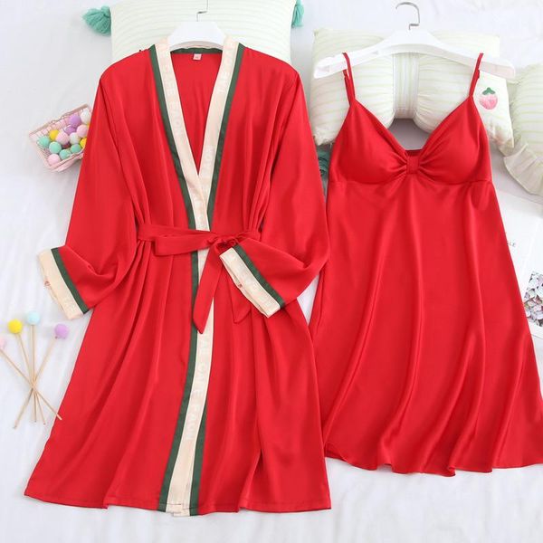 

women's sleepwear lady red kimono robe gown suit v-neck nightgown spring summer satin intimate home dress bride bridesmaids wedding, Black;red