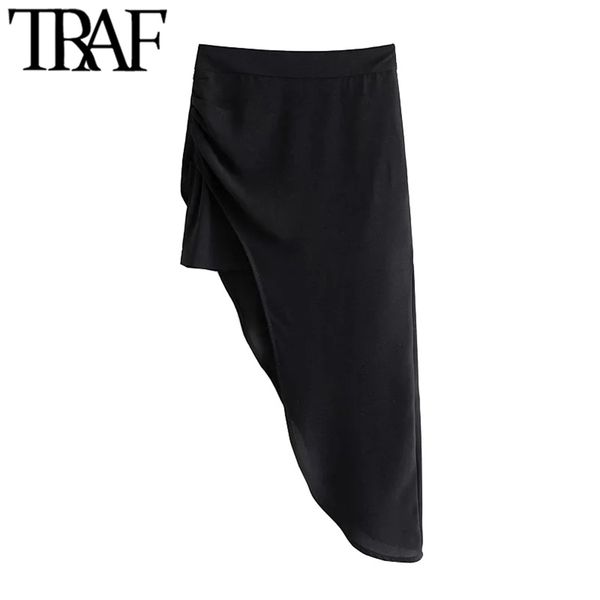 

women chic fashion pleated asymmetric midi skirt vintage high waist side zipper female skirts mujer 210507, Black
