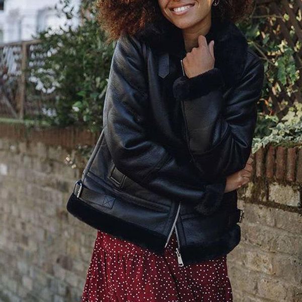 

women's leather & faux zoepo pu jackets women fashion turn down collar loose coats elegant fleece long sleeve female ladies, Black