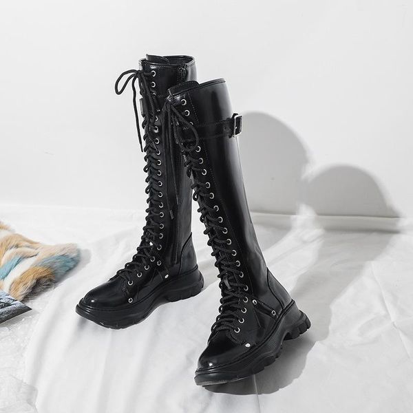 

boots same knee boots, flat sole, lace up side, zipper, motorcycle high tube, horseshoe, thick bottom,, Black