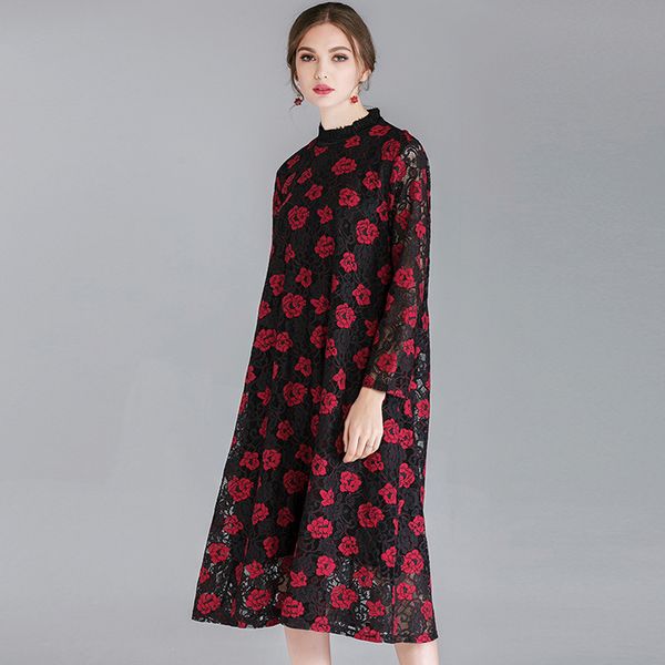 

Big yards dresses Fat Mm2021 Large Women's Spring Red Festive Small Stand Collar Color Contrast Show Thin Lace 7139, Black