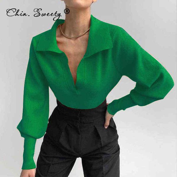 

polo collar women's sweater green knitted pullovers v-neck long sleeve 2021 autumn winter female soft jumpers clothes woman, White;black
