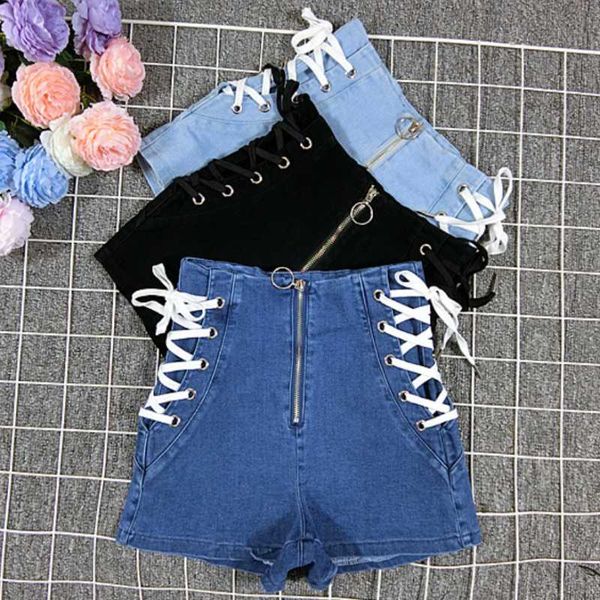 

plus size 5xllace up denim shorts women summer fashion wide slim high waist jeans women's, White;black