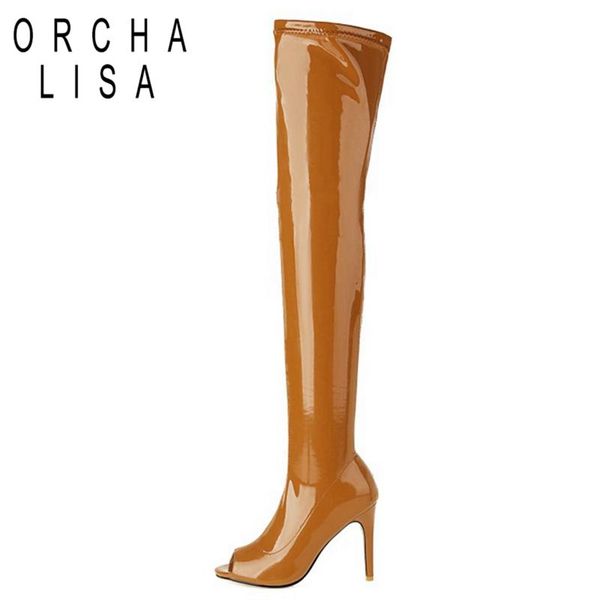 

boots orchalisa women luxury party over knee high patent leather zipper peep toe 12cm stileeto heel plus size 46 s2465, Black