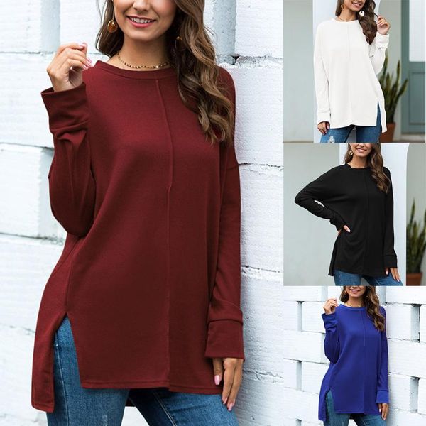 

women long sleeve t-shirt o-neck loose solid color side splitter autumn tee hsj88, White