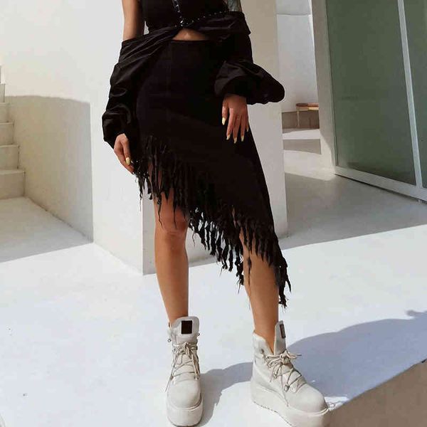 

skirts asymmetrical patchwork tassel skirt for women high waist irregular hem black skirts female fashion clothing