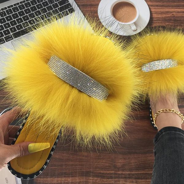

slippers fur women summer furry crystal slides shoes ladies sandals flat flip flops rhinestones chain, Black