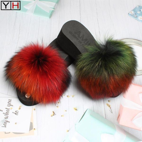 

dress shoes summer girl fluffy fur slippers indoor furry flip flops home 100% natural sandals women fashion flat, Black
