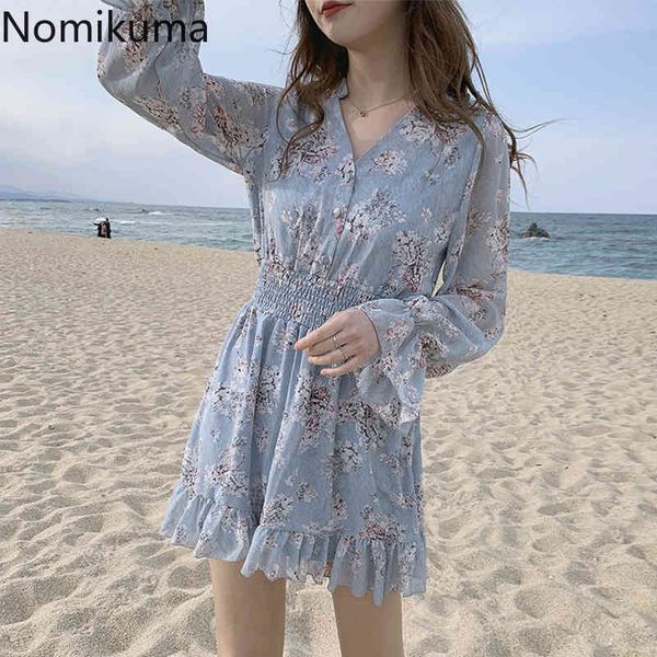 

nomikuma elegant vintage long sleeve dress women v neck slim waist ruffle temperament dresses floral printed vestidos 3b045 210514, Black;gray