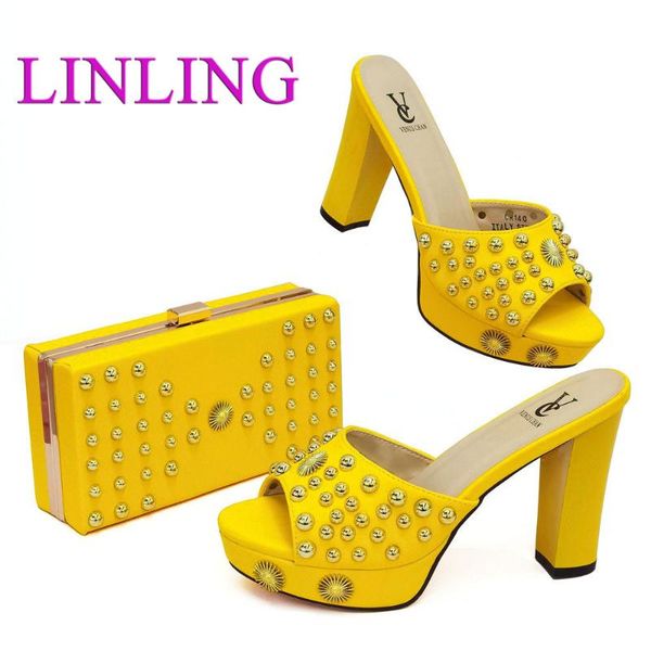 

dress shoes arrival noble italian design elegant style ladies and bag set decorated with rhinestone in yellow color for party, Black