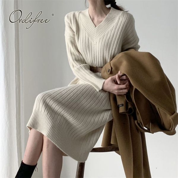

autumn winter women sweater dress long sleeve loose warm knitted 210513, Black;gray