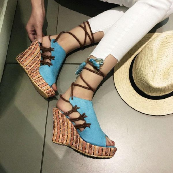 

zawsthia 2021 summer bohemian ethic peep toe cross-tie lace-up women gladiator sandals wedges platform high heels woman, Black