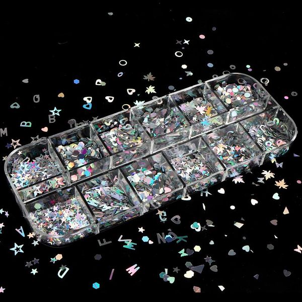 

nail art decorations 1 box 12 shapes shiny sequins holographic flake slice decoration diy manicure design silver glitter accessory set, Silver;gold