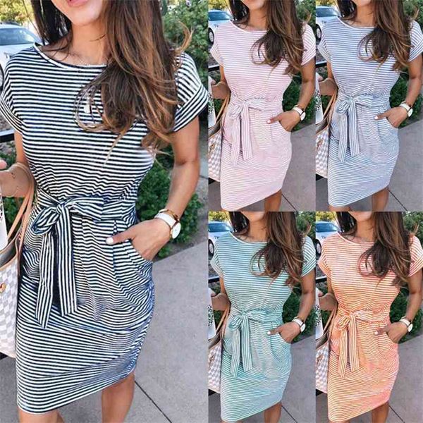 

women summer pink blue striped print knee dress casual round neck short sleeve pocket belt sashes es vestidos pencil 210520, Black;gray