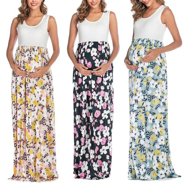 

maternity dresses sleeveless robe femme women flower printed maxi dress pregnancy clothes vestidos de mujer casual, White