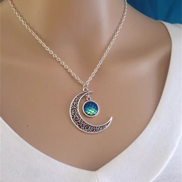 

mermaid fish scale moon pendant siren necklace good friend gift jewelry, Black