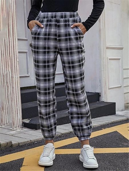 

casual plaid tartan womens capri high waist joggers elastic color block ankle length sweatpants pleated sport long, Black;white