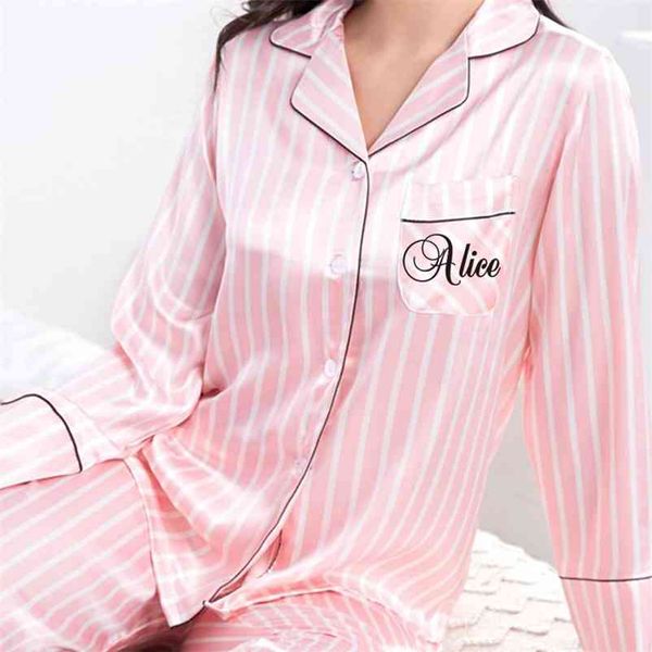2 шт. Персонализированное имя Женщины Пижамы Faux Silk Сатин Pajamas Набор с длинным рукавом Пижамас костюм женская домашняя одежда 210713
