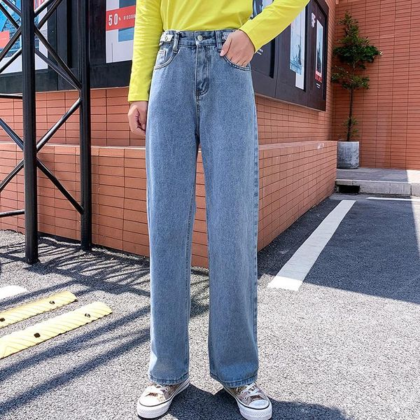 

women high waist loose straight jeans lady students autumn wide legs length pants female jeansy streetwear slim trousers women's, Blue