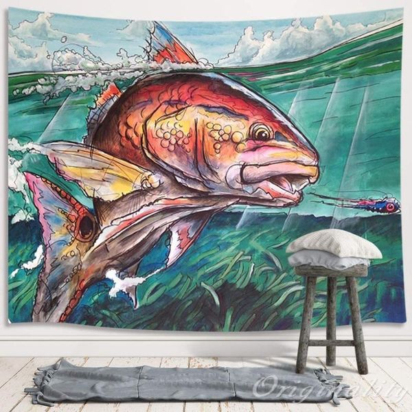 

tapestries watercolor fish eating hook bait tapestry wall hanging home decoration
