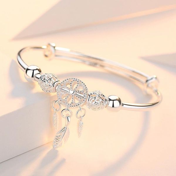 

adjustable 925 sterling silver dreamcatcher tassel feather round bead charm bracelet &bangle for women elegant jewelry sl209, Golden;silver