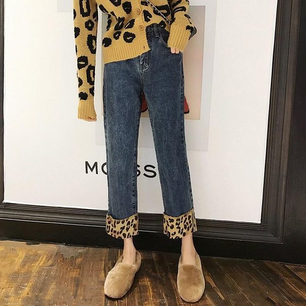 

women's jeans female boyfriend leopard straight spring girls high waist wide legs nine point pants women fashion blue black