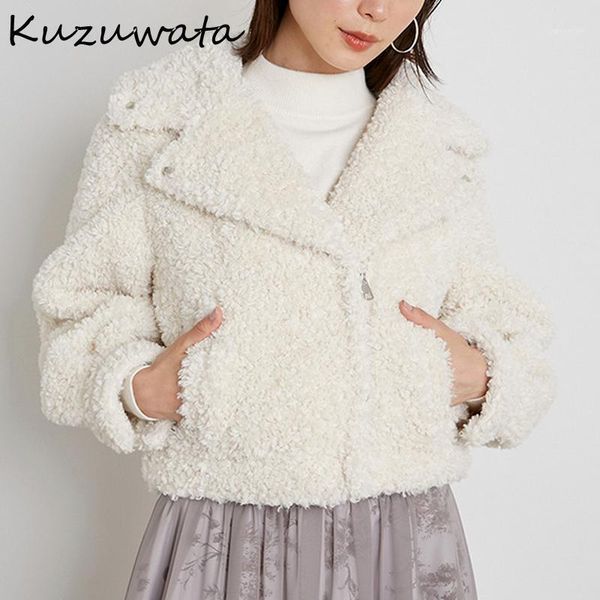 

women's fur & faux kuzuwata 2021 autumn winter women solid lapel long sleeve zipper short jacket japan style sweet fashion coat, Black