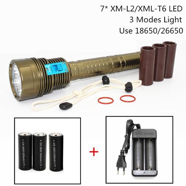 

diving 7 x xml t6 / l2 7000lm/8400lm led flash light underwater 100m waterproof lamp torch use 18650/26650 flashlights torches