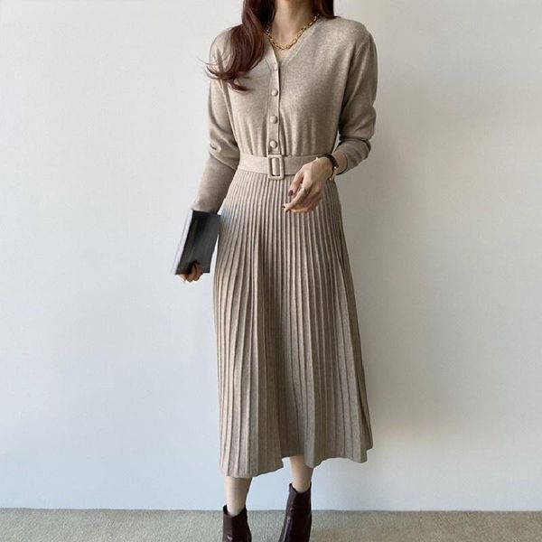 

casual dresses chic knitted v-neck belted pleated dress women full sleeve single breasted long midi solid elegant vintage vestid, Black;gray