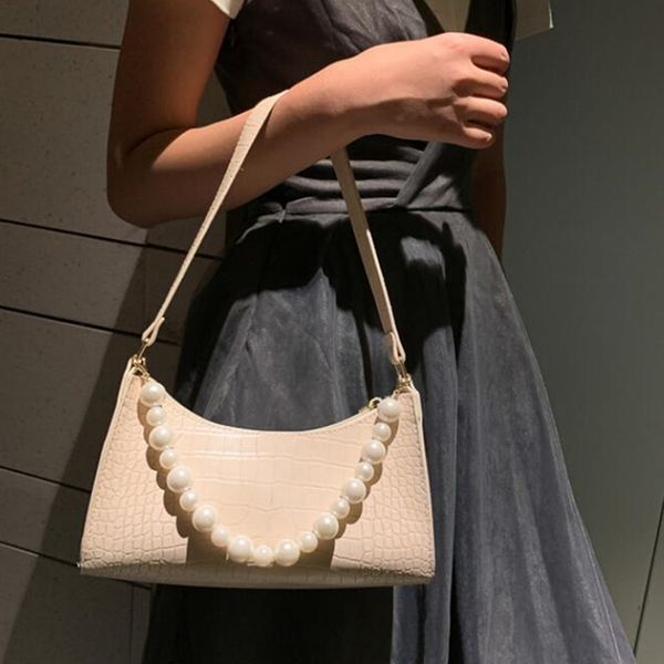 

2020 new luxury vintage alligator pattern shoulder for women pu leather armpit pearl design baguette advanced lady handbag sac femme
