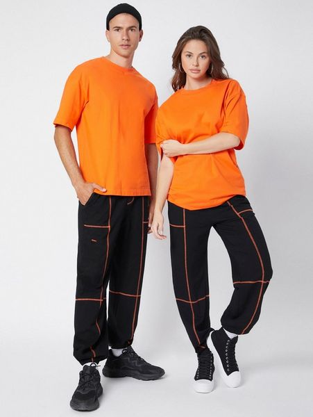 

1 pc contrast stitch joggers h6ay#, Black