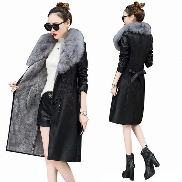 

women's leather & faux winter thick warm big fur collar female jackets women pu overcoat plus size slim lapel belt locomotive py23, Black