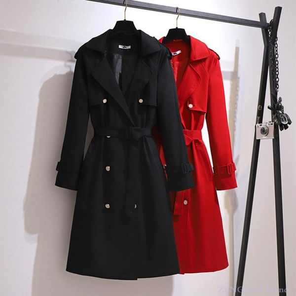 

women's trench coats large size spring and autumn korean collar middle long waisted slim casual fattening windbreaker coat 130kg6xl, Tan;black