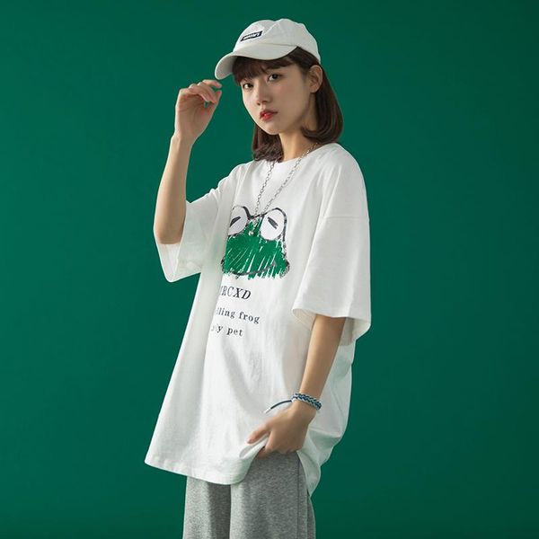 

green anime frog print t shirts for womens 2021 summer plus size fashion clothing ladies oversized boyfriend graphic tees women's t-sh, White