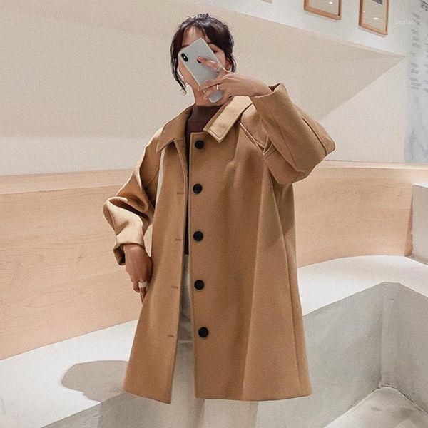 

women's wool & blends [ewq] korea chic women medium length loose lapel temperament single breasted long sleeve woolen coat female fashi, Black