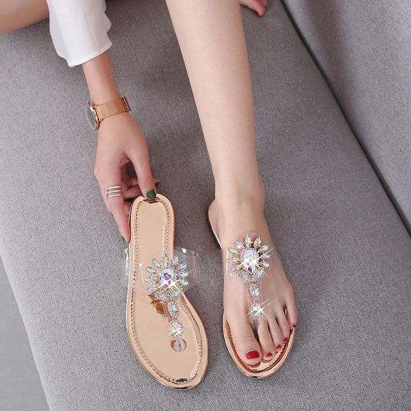 

slippers woman ladies fashion clip toe crystal slip on flat shoes pvc comfortable casual beach female 2021, Black