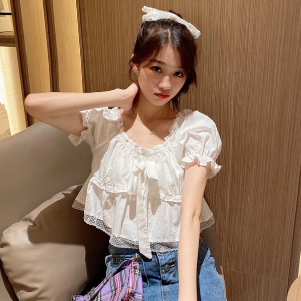 

women's t-shirt white t shirts women clothes summer fashion brand korean sweet style v-neck puff short sleeve tees kawaii crop female
