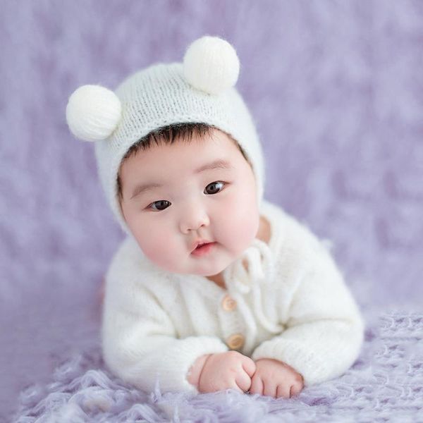 

caps & hats born baby infant pography props boy girl outfits cute bear hat and overalls set soft mohair po clothes jumsuit, Yellow