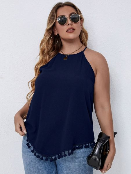 

plus tassel hem keyhole back halter s1lt#, Black;gray