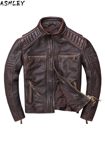 

men's leather & faux vintage brown 2021 men slim fit motorcycle jacket stand collar plus size xxxxxl genuine cowhide biker coat, Black